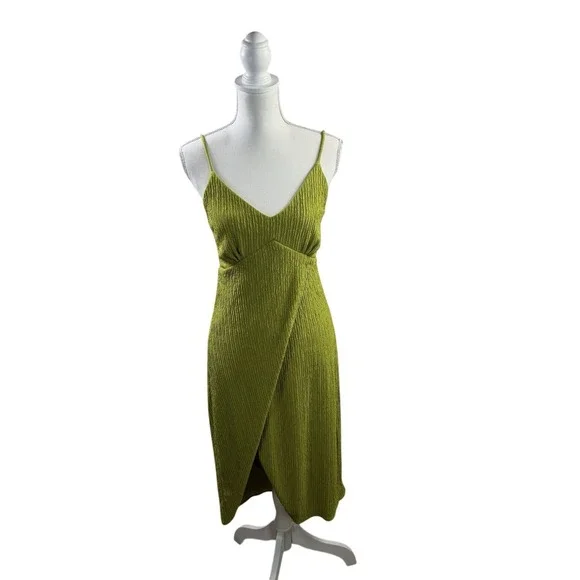 Lulu Chartreuse Green Faux Wrap Midi Dress Tie Back Size Medium D14100 - Picture 8 of 16